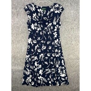 Ralph Lauren Navy Blue White Floral Cocktail Knee Length V-Neck Dress Size 10